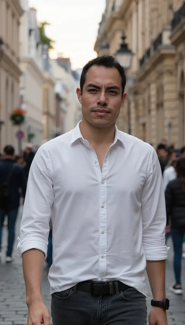 Foto profesional de un hombre generada por IA, estilo cinematográfico en calle empedrada