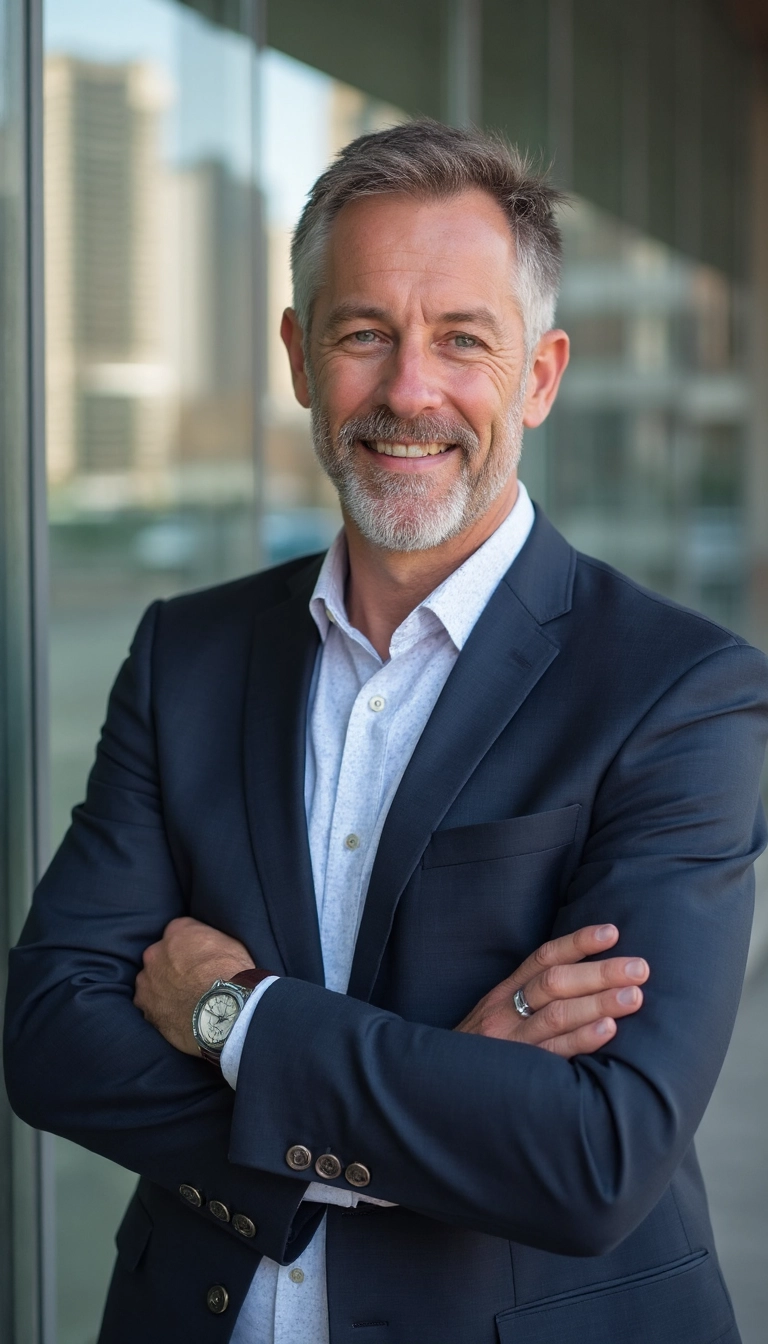 Retrato profesional de hombre con fondo de oficina para LinkedIn, generado por IA