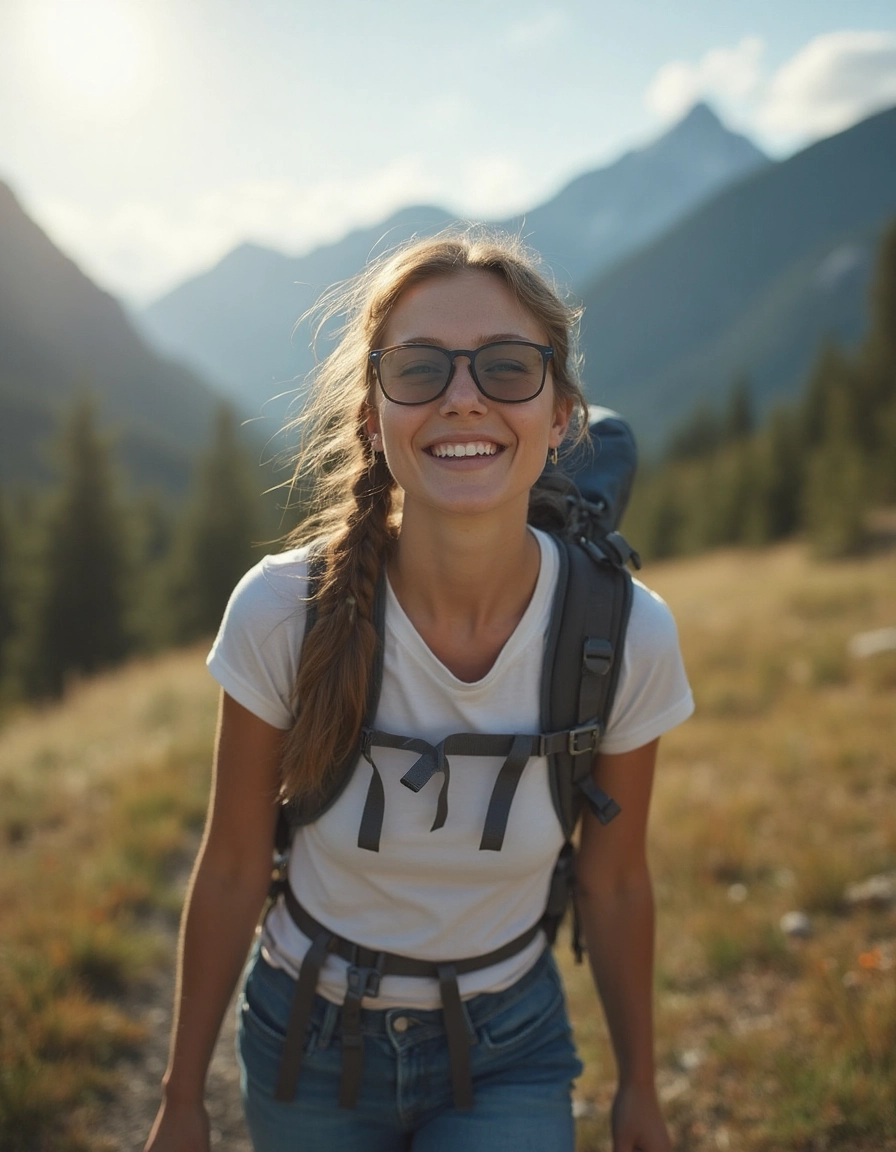 Mujer sonriente haciendo senderismo, foto para Tinder generada por IA