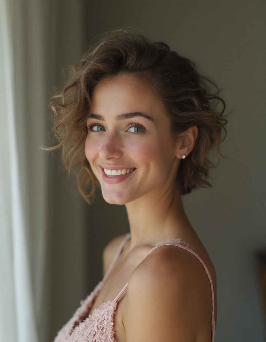 Mujer joven con pelo corto en entorno urbano, foto para Tinder generada por IA