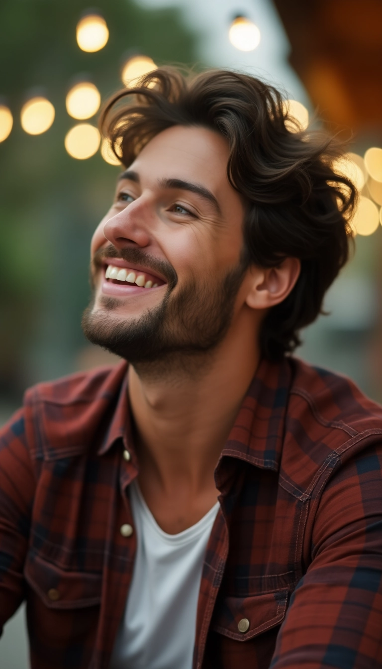 Hombre riendo con amigos en un bar, foto para Tinder generada por IA