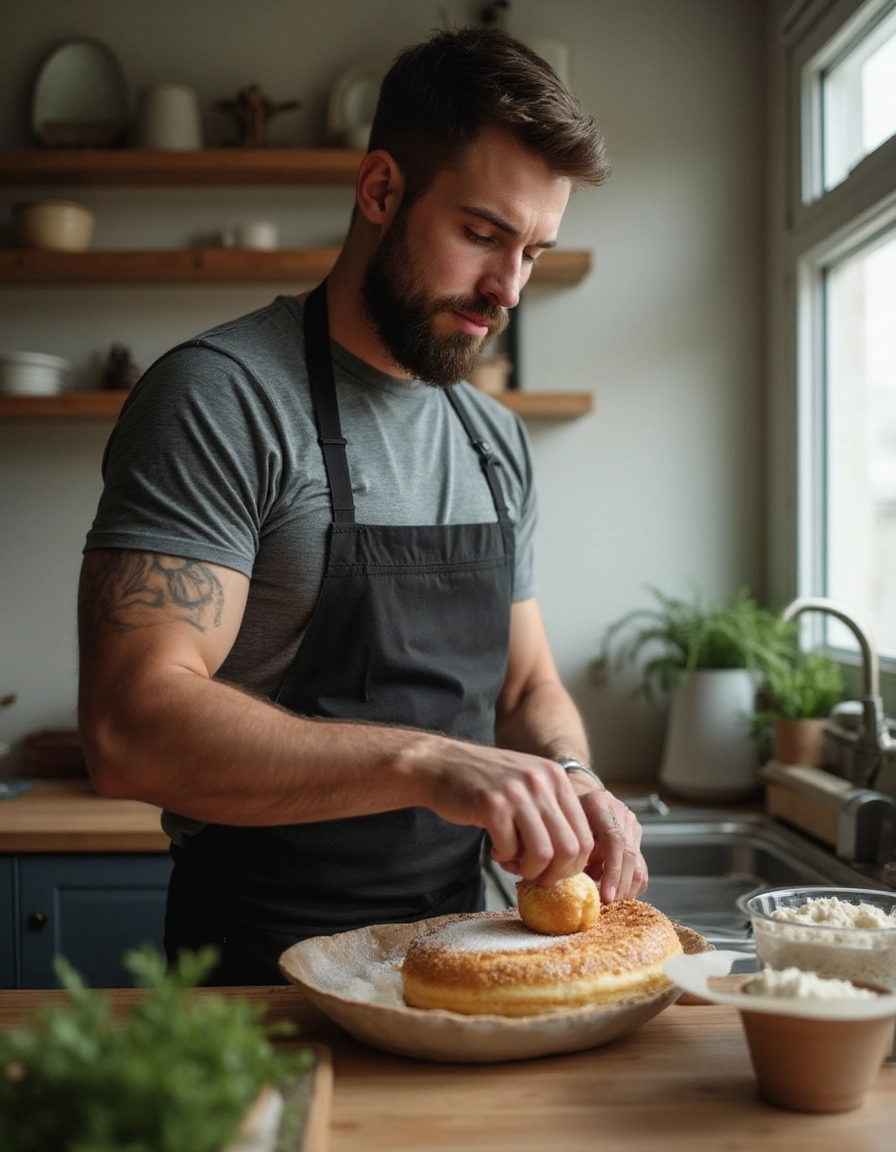 Hombre atractivo cocinando en cocina moderna, foto para Tinder generada por IA