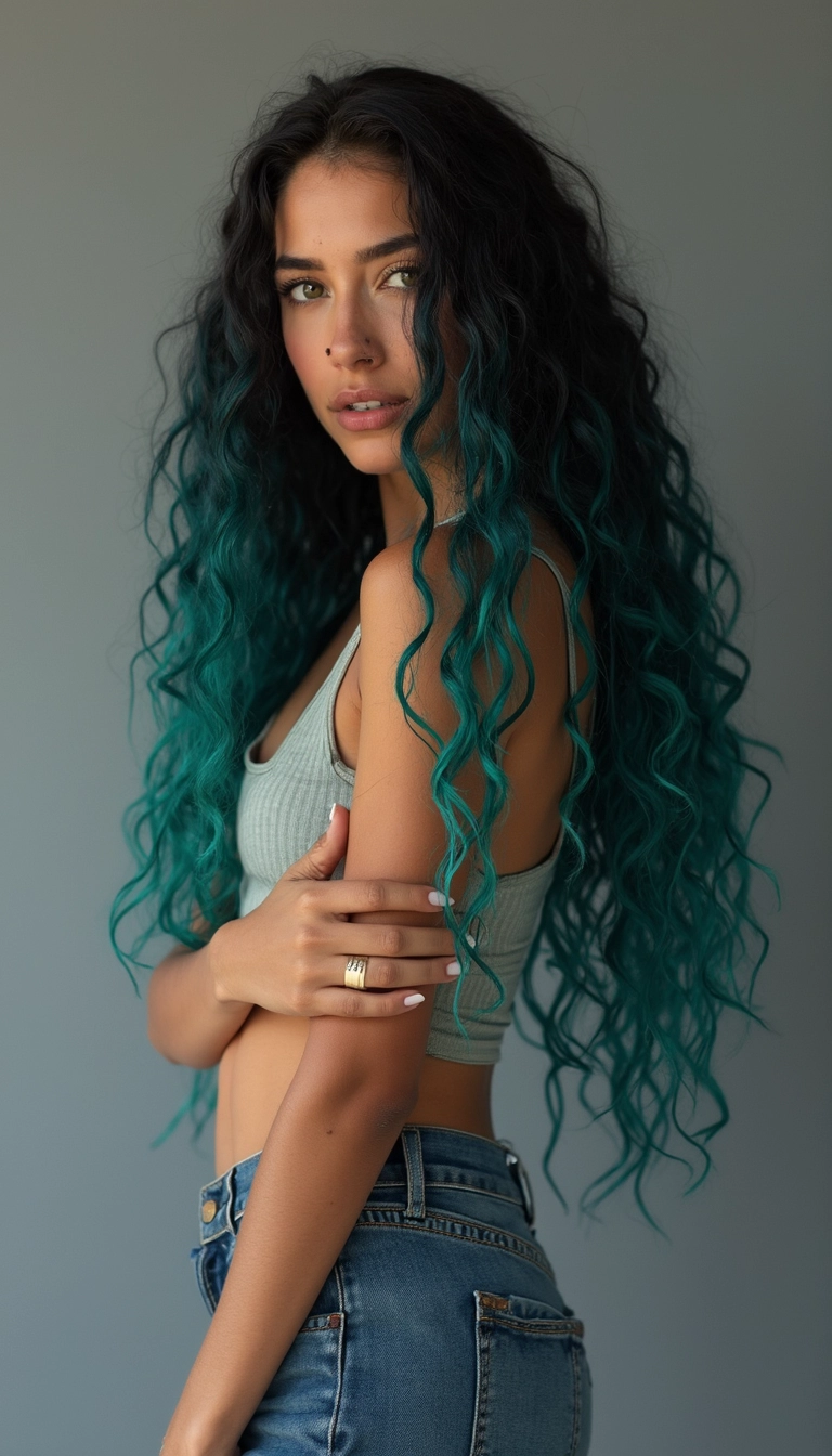 Mujer con cabello negro y puntas verdes.
