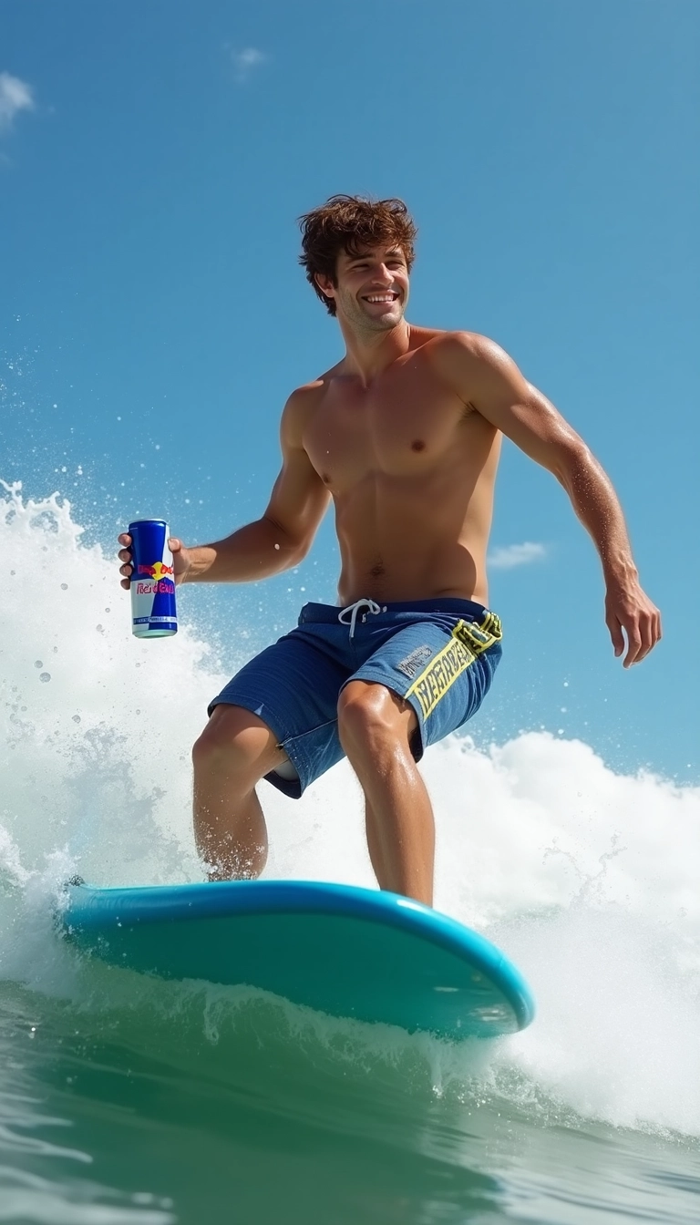 Modelo de 30 años haciendo surf con una lata de red bull