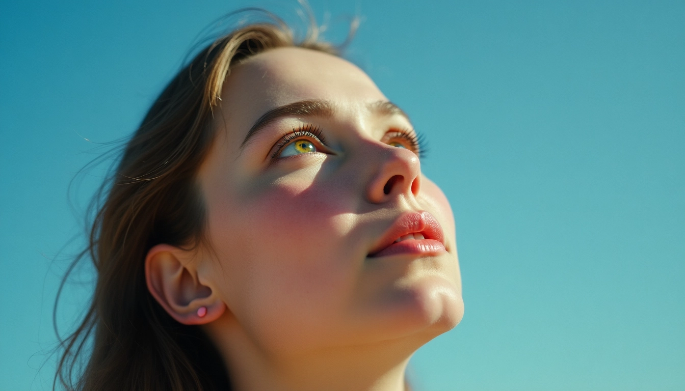 Close up shot de mujer mirando al cielo