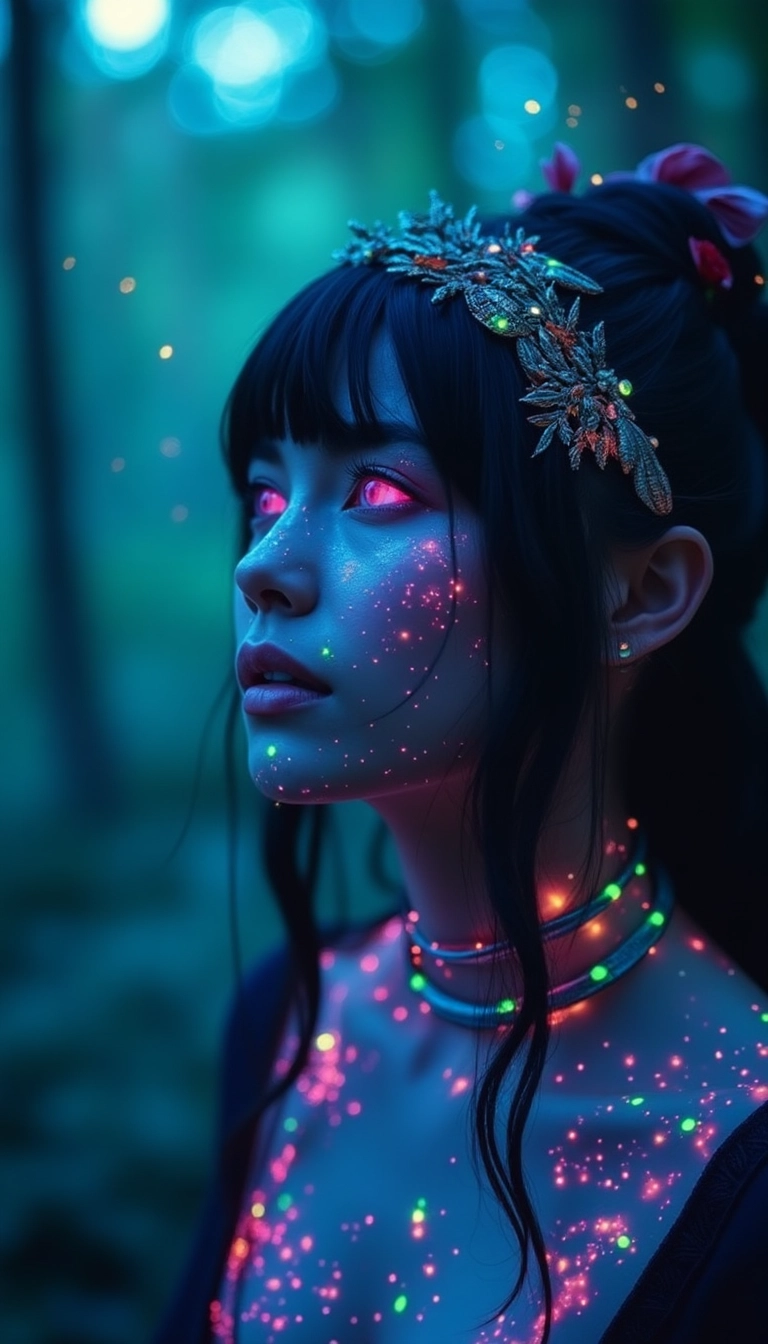 Retrato de una mujer en el bosque estilo neon