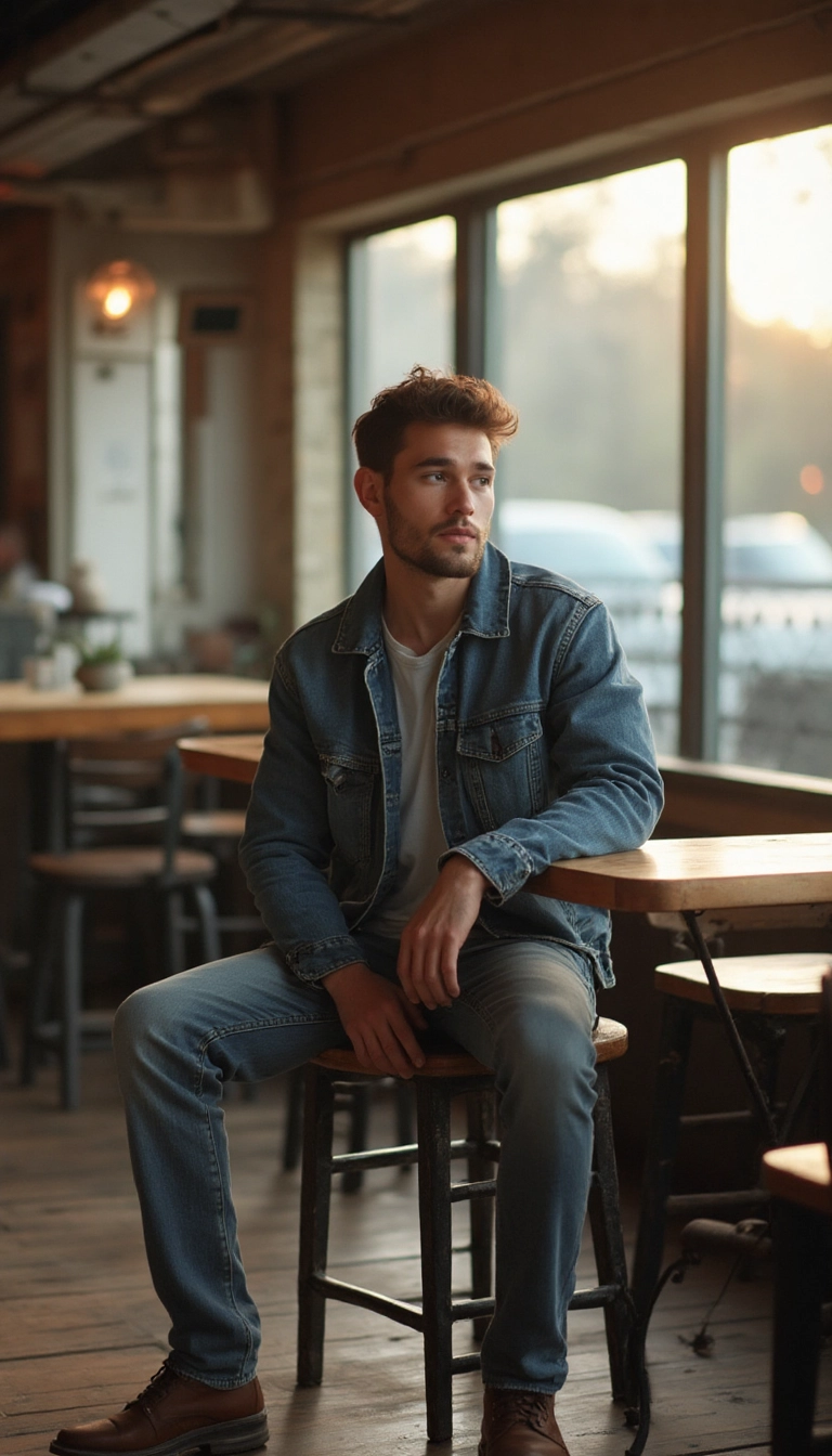 Modelo masculino de 30 años sentado en cafeteria vistiendo jeans