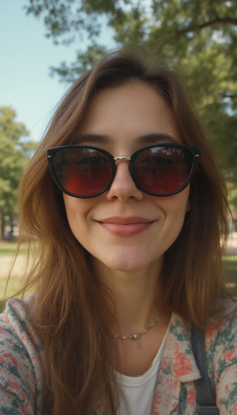 Selfie de mujer en el parque con lentes negros y rojos